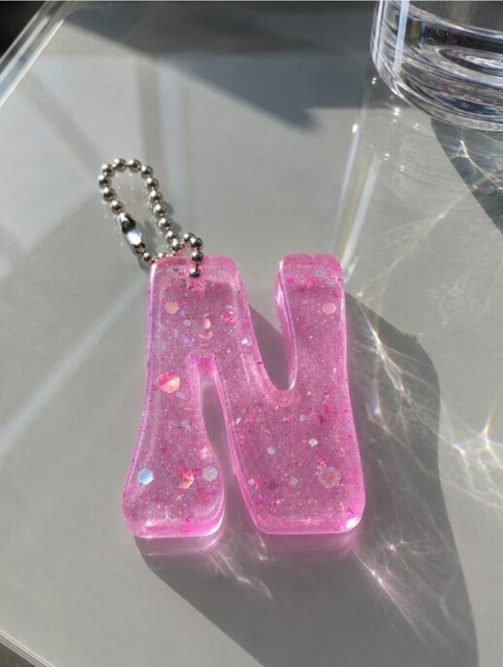 Pink Glitter Resin Letter N Initial Keychain Bag Charm
